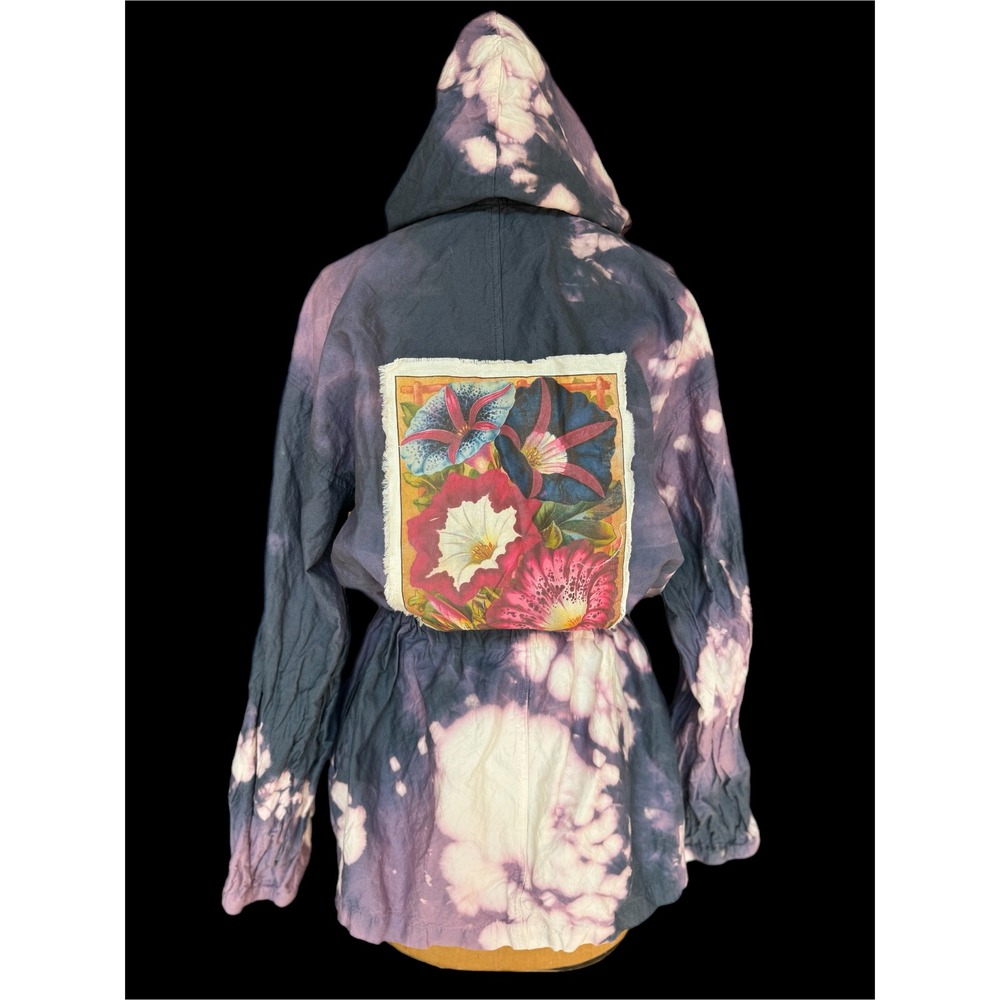 Upcycled Cotton Hooded Jacket XL Hand Dyed Floral Bird Patch Drawstring